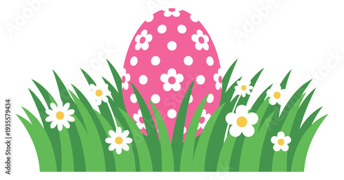 Flat graphic illustration of a pink patterned easter egg depicting it peeking from green grass with daisies for easter celebration