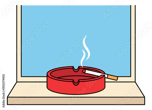 Line art illustration of an ashtray depicting a lit cigarette with smoke for illustrating smoking