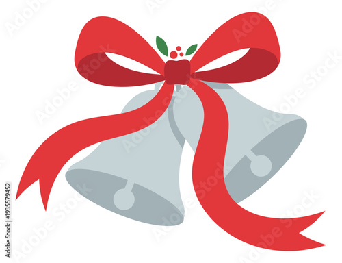 Illustration of Christmas bells depicting a festive red ribbon and holly for holiday season celebration