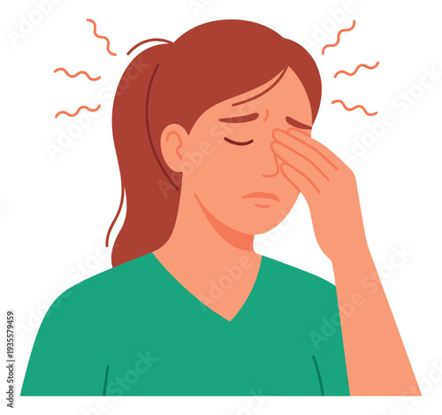 Modern flat illustration of a woman depicting headache and discomfort for medical and wellness content