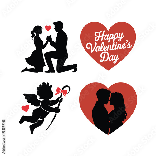 Valentine's Day silhouettes of couples and Cupid heart love proposal vector illustration isolated on white background