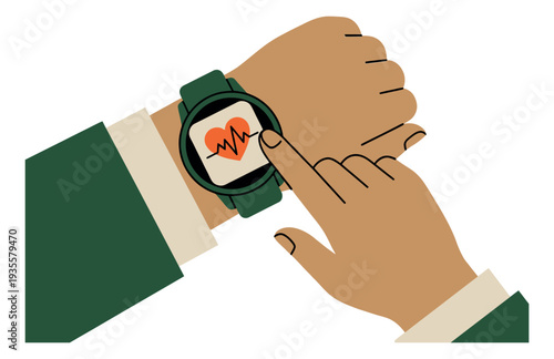 Hand drawn illustration of a hand with a smartwatch depicting heart rate monitoring for health and fitness