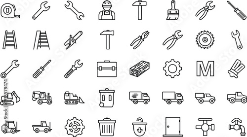 Black line icons, construction tools, industrial equipment, maintenance symbols, building elements, engineering graphics, infrastructure design, abstract illustration, stock vector