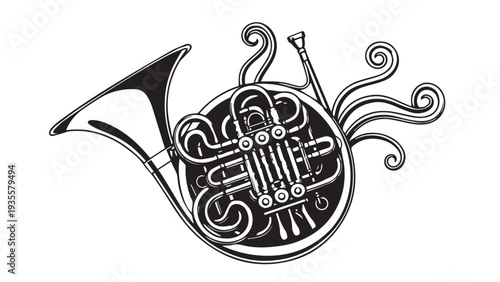 Stylized black and white illustration of a French horn with ornamental curves and swirls.