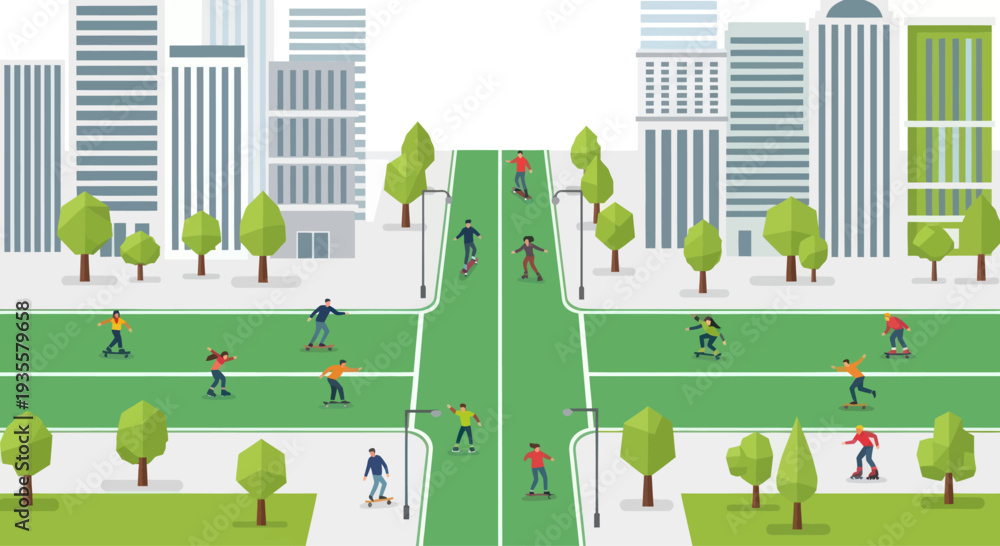 Fototapeta premium People skateboarding and rollerblading on a city street with trees and skyscrapers
