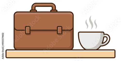 Line art illustration of a briefcase and a steaming coffee cup depicting a business morning for professionals