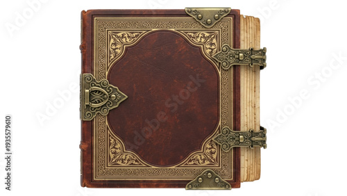 Isolated antique book with leather cover and brass hardware, closed vintage journal