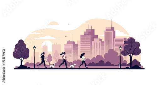 People walking dogs in city park with skyline background, urban lifestyle illustration