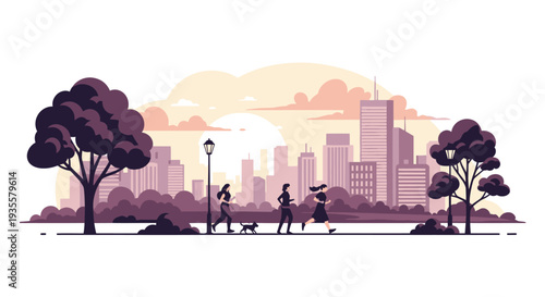 City park scene with people walking and skyscrapers at sunset