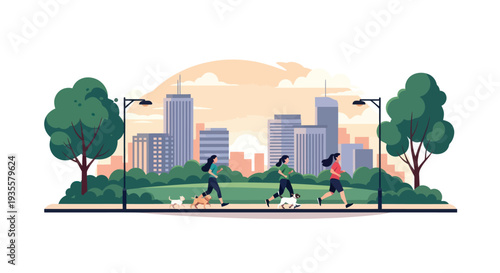 City Park Scene: People walking dogs and jogging with urban skyline background