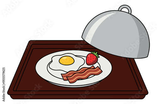 Line art illustration of a full breakfast depicting a meal served under a cloche for room service