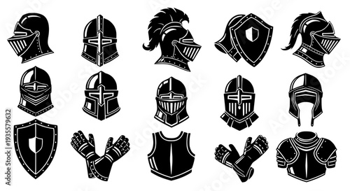 Medieval Knight Helmet and Armor Silhouettes – Black Protection Gear Vector Set EPS 10