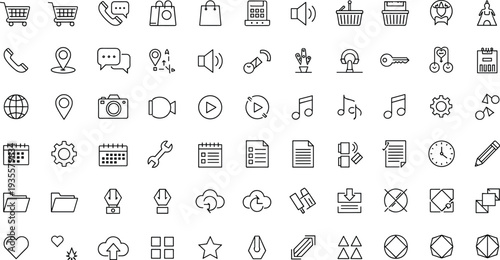 Black line UI icons, minimal interface symbols, digital app elements, website tools, multimedia controls, abstract design, stock illustration