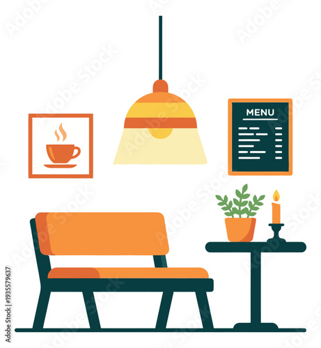 Modern flat design cafe interior items set featuring a bench, table, lamp, and menu for a restaurant or coffee shop