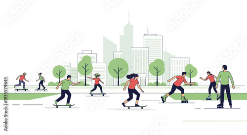 Diverse people skateboarding and rollerblading in a green city park with modern buildings