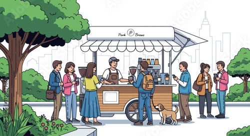 People Queueing at Outdoor Coffee Cart in Park with City Skyline