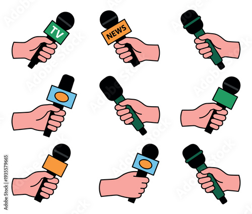 Line art cartoon microphone set featuring hands holding news and media microphones for broadcasting and interviews