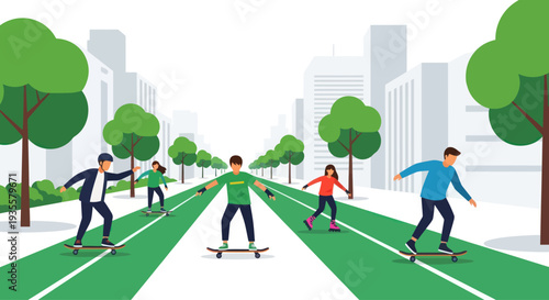 Urban Skateboarders on Green Bike Path with City Buildings Background