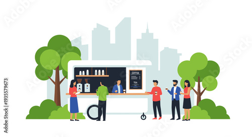 People Queueing at Urban Food Truck in Park with City Skyline Background