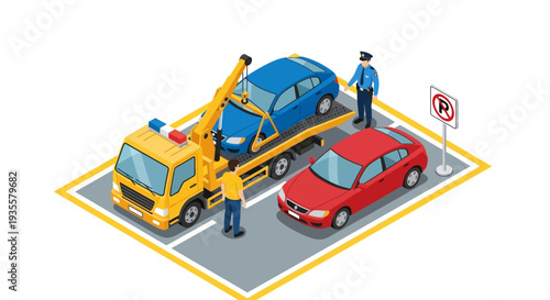 Isometric illustration of a yellow tow truck with a blue car on its flatbed and a red car parked next to it in a designated no parking zone with two workers.