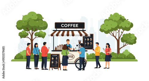 People Queueing at Outdoor Coffee Cart with Trees and Cityscape Background