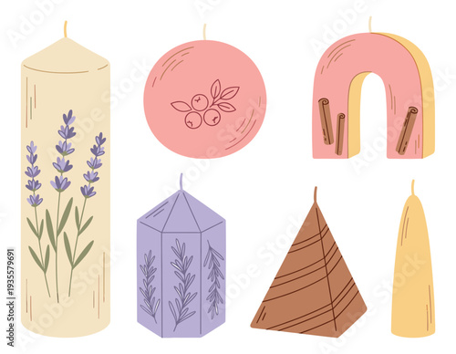 Hand drawn candles set featuring various shapes and scents like lavender, berries, and cinnamon for home decor
