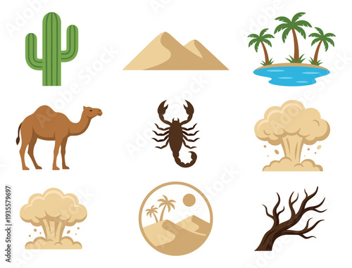 Flat design desert elements set featuring cactus, camel, scorpion, and oasis for nature and travel themes