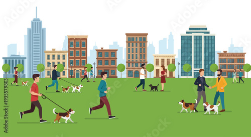 City park scene with people walking dogs and jogging, flat design, urban lifestyle.