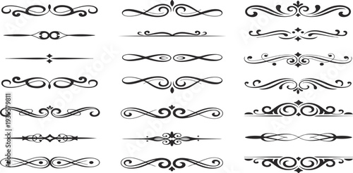 Collection of elegant black ornamental design elements and dividers on white background
