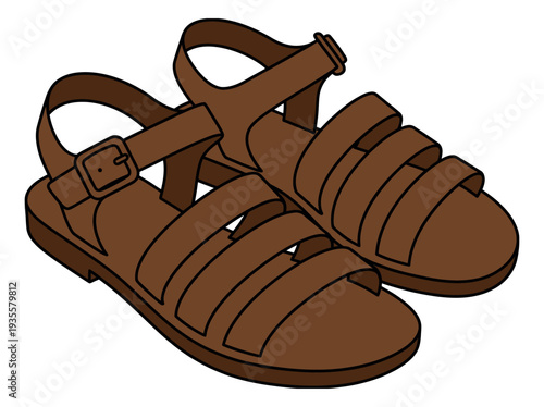 Hand drawn line art illustration of a pair of brown sandals depicting summer footwear for fashion and leisure