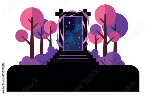 Flat design illustration of a magical portal depicting a starry cosmic dimension for science fiction or game design