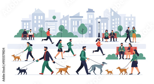 Diverse people walking dogs and jogging in a stylized city park with buildings