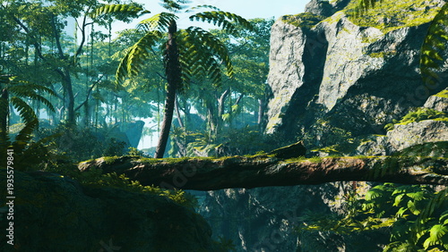 Fotografi A vibrant jungle scene filled with tall lush trees and ferns