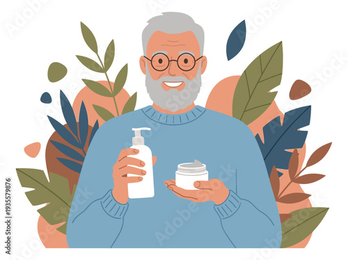 Flat illustration of a senior man depicting holding lotion and moisturizer for men's skincare routine