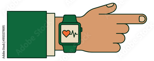 Line art illustration of a hand with a smartwatch depicting a pointing gesture for health and fitness technology