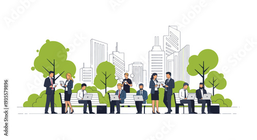 Diverse business people working on laptops in a green city park, modern skyline background.