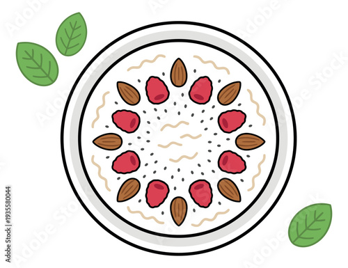 Hand drawn line art illustration of a healthy breakfast bowl depicting oatmeal with raspberries, almonds, and chia seeds for a nutritious meal concept