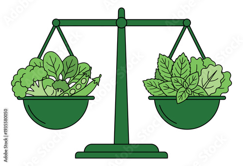 Line art illustration of a balance scale depicting green vegetables and leafy greens for healthy eating