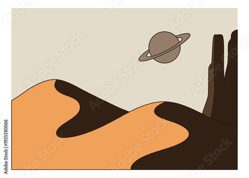 Minimalist illustration of a desert planet depicting a ringed planet orbiting above sandstone dunes for science fiction or fantasy concepts