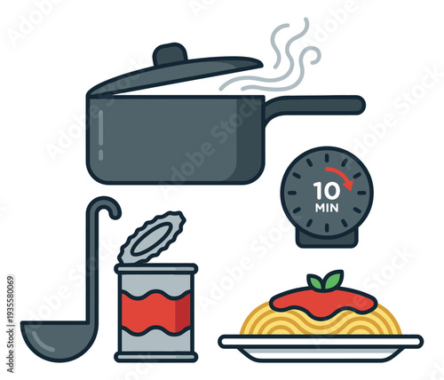 Flat line art cooking set featuring a steaming pot, kitchen timer, ladle, open can, and spaghetti for food preparation
