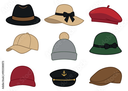 Hand drawn cartoon hat set featuring various headwear styles for fashion accessories