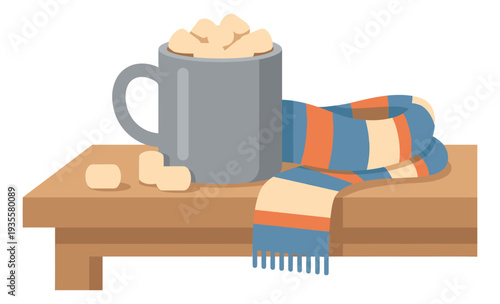 Flat illustration of hot cocoa with marshmallows and a winter scarf depicting a cozy arrangement on a wooden table for autumn and winter seasons