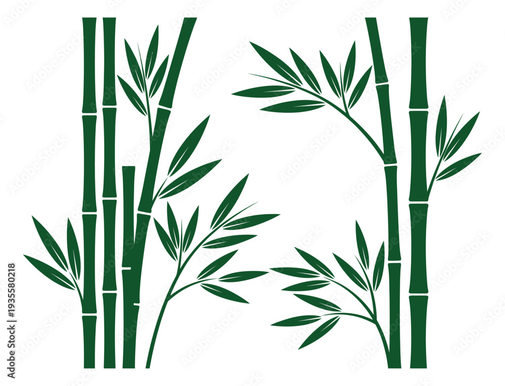 Obraz premium Stylized bamboo set featuring green stalks and leaves for oriental design elements