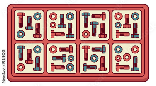 Line art hardware set featuring bolts and washers in a tray for construction