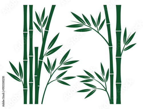 Stylized bamboo set featuring green stalks and leaves for oriental design elements