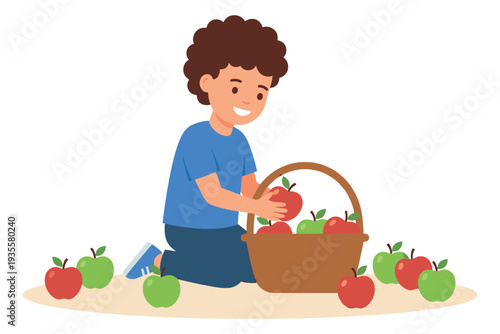 Flat design illustration of a smiling boy depicting collecting fresh apples in a basket for autumn harvest