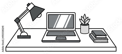Line art modern workspace set featuring a laptop, desk lamp, plant, and books for home office productivity
