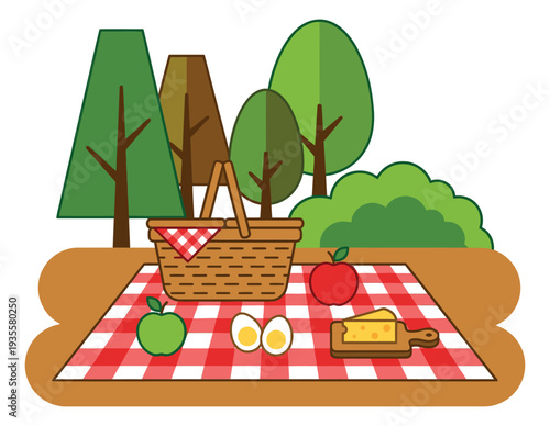 Flat design illustration of a picnic depicting an outdoor meal in a park for summer leisure