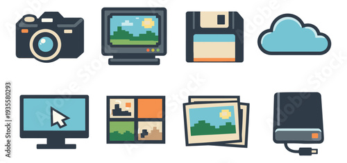 Retro style flat outline digital media icons set featuring a camera, computers, floppy disk, cloud, hard drive and photographs for data storage