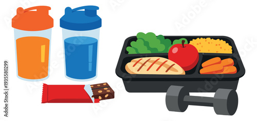 Modern graphic fitness and nutrition set featuring shakers, a healthy meal box, protein bar, and a dumbbell for workout and diet